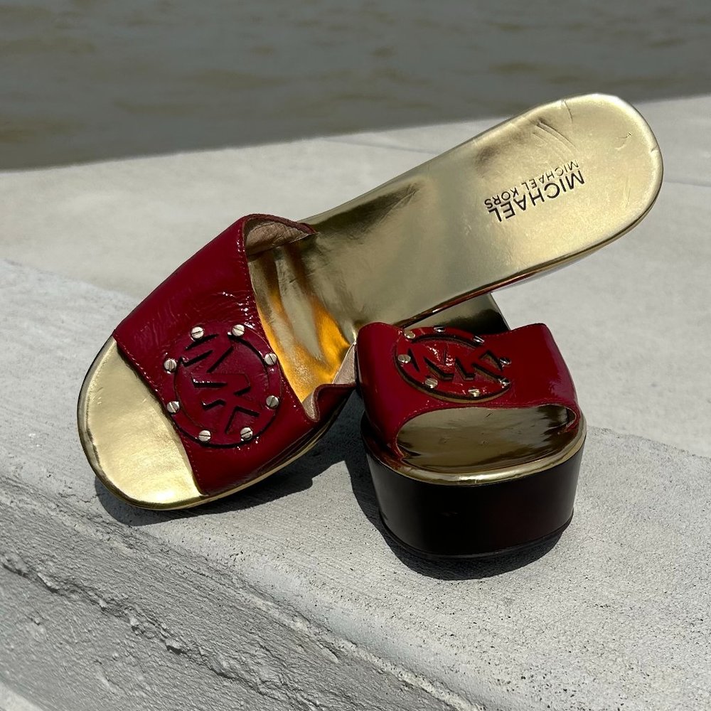 Michael Kors MK Logo with Studs Red Leather Platform Heels Wedge Slides Sandals
